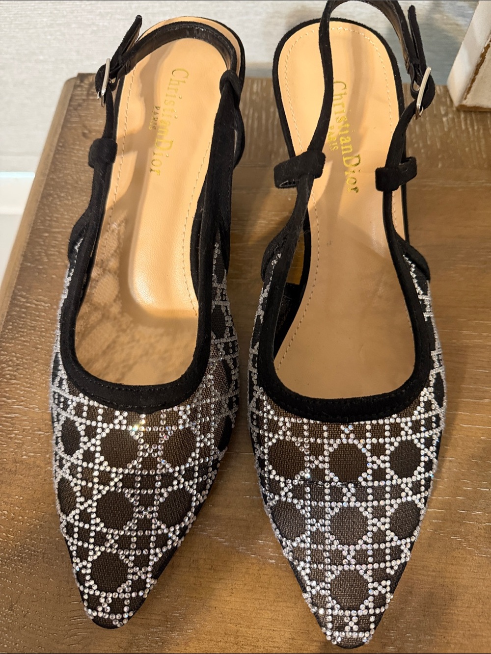 Dior Black Crystal-Patterned Pointed Slingback Kitty Heel
